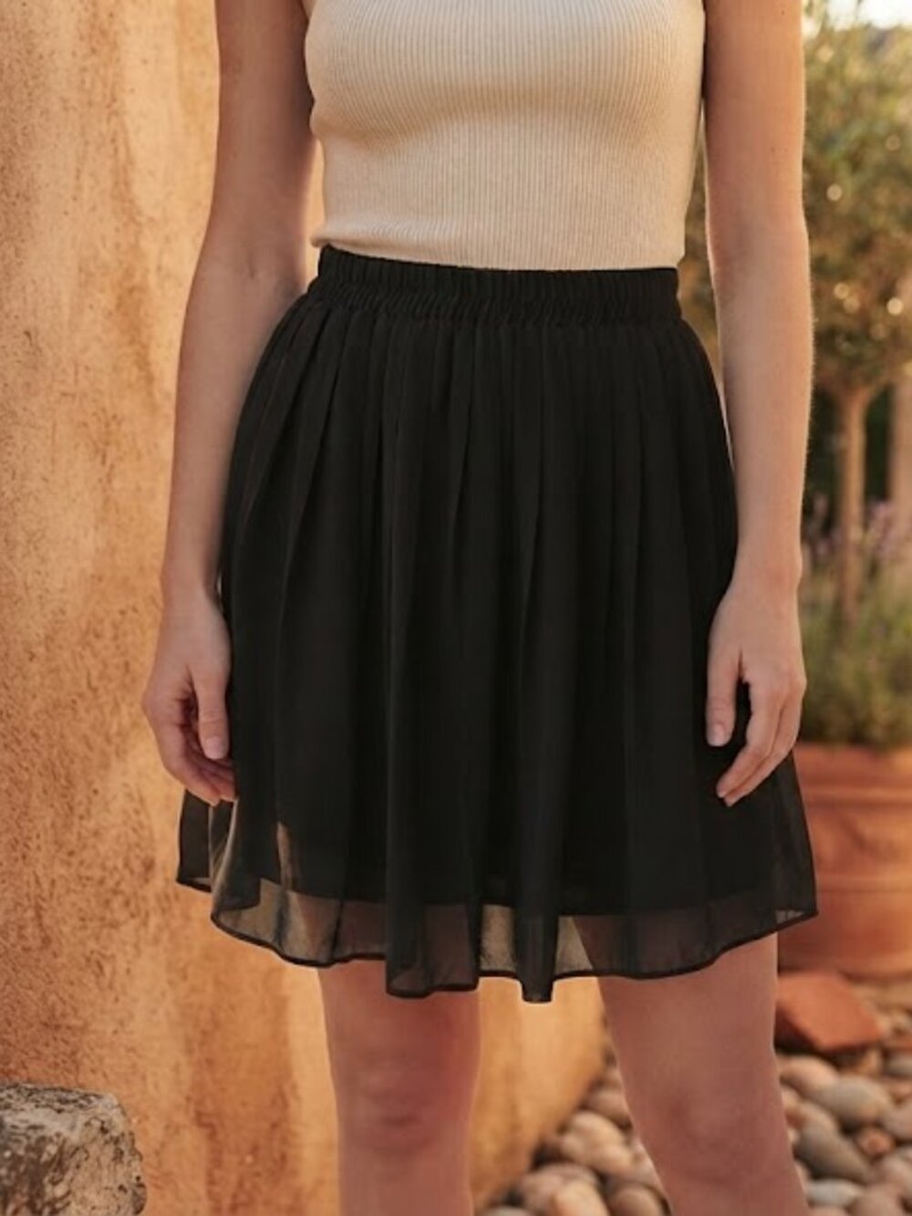 Black Chiffon Pleated Mini Skirt
